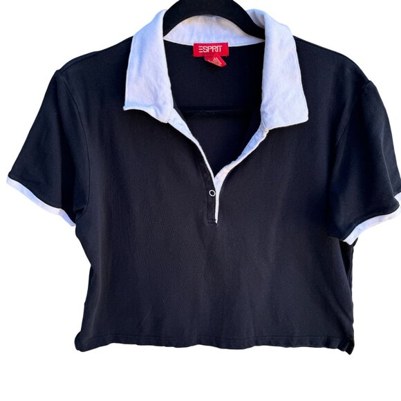 Esprit Vintage 80s 90s Black White Collar Retro Chic Preppy Crop Polo Shirt L - Picture 1 of 8
